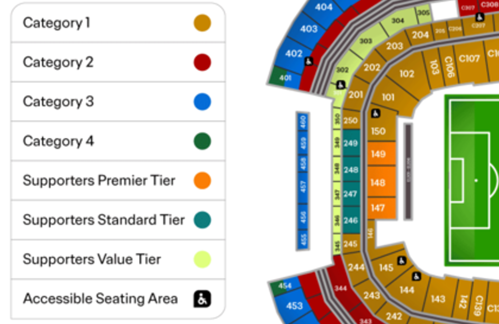 AT&Tスタジアムの詳細座席表とカテゴリー区分マップ
