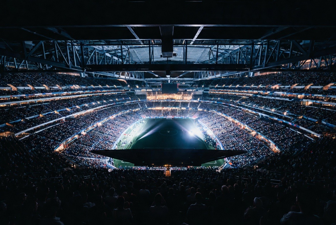 Soccer match viewed from the upper deck of the stadium
